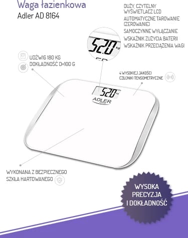 peshore banjoje, Adler, AD 8164, kapacitet 180 kg, saktësi 100 g, xham i temperuar, ekran LCD, e bardhë