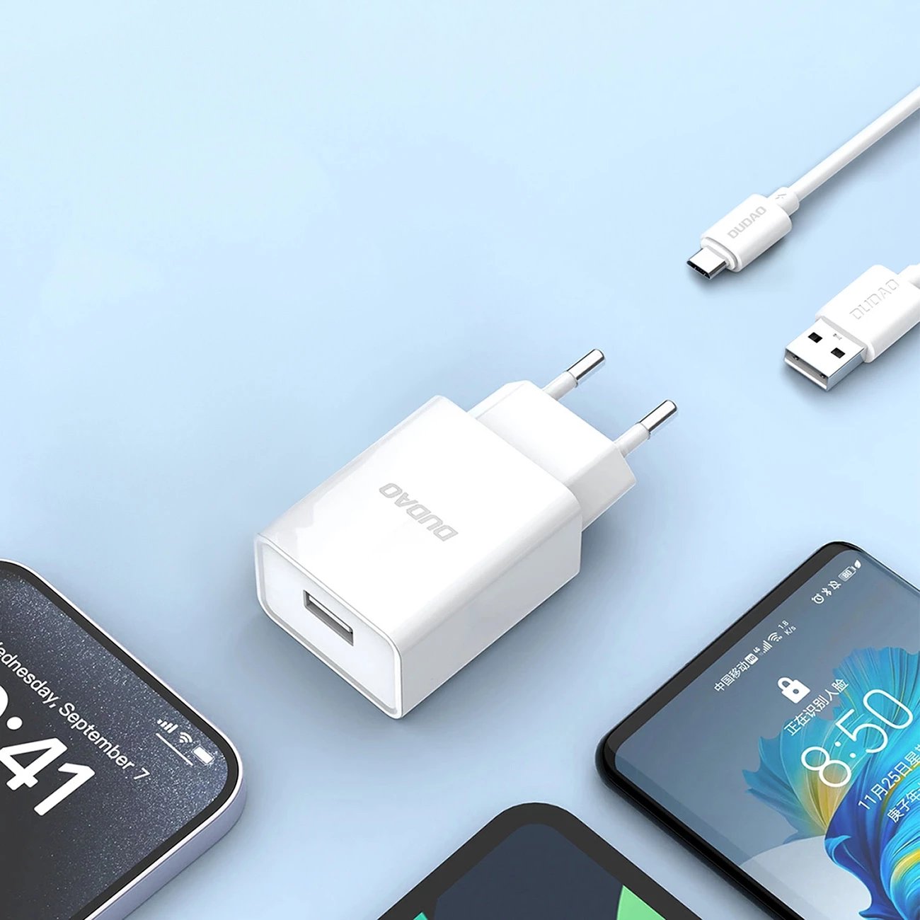 Karikues muri Dudao A4EU me USB-A 2.1A, me kabllo USB-A në micro USB, Bardhë
