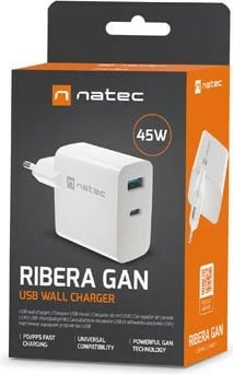Karikues muri Natec Ribera GAN, 45W, 1x USB-A + 1x USB-C, Bardhë