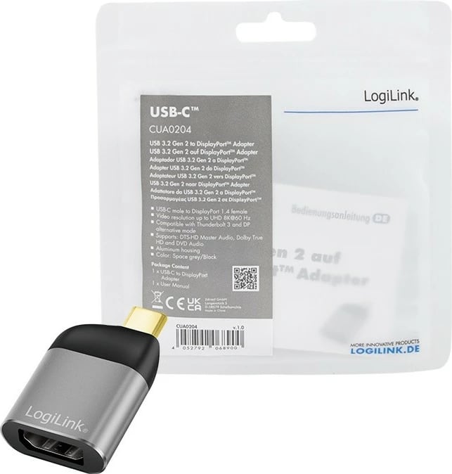 Adapter USB Type-C në DisplayPort LogiLink CUA0204, 8K, zi/gri