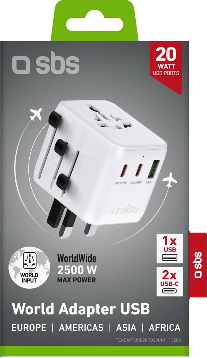 Adapter udhëtimi universal, SBS, me 2x USB-C PD 20W dhe USB-A 18W, 2500 W 10 A, priza EU/UK/US/AU/JP, e bardhë