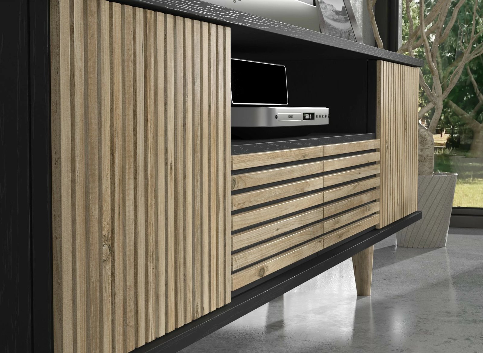 Komodë TV Hanah Home, FRN-9000, ngjyrë druri, e zezë, Atlantic Pine, 180x55x35cm