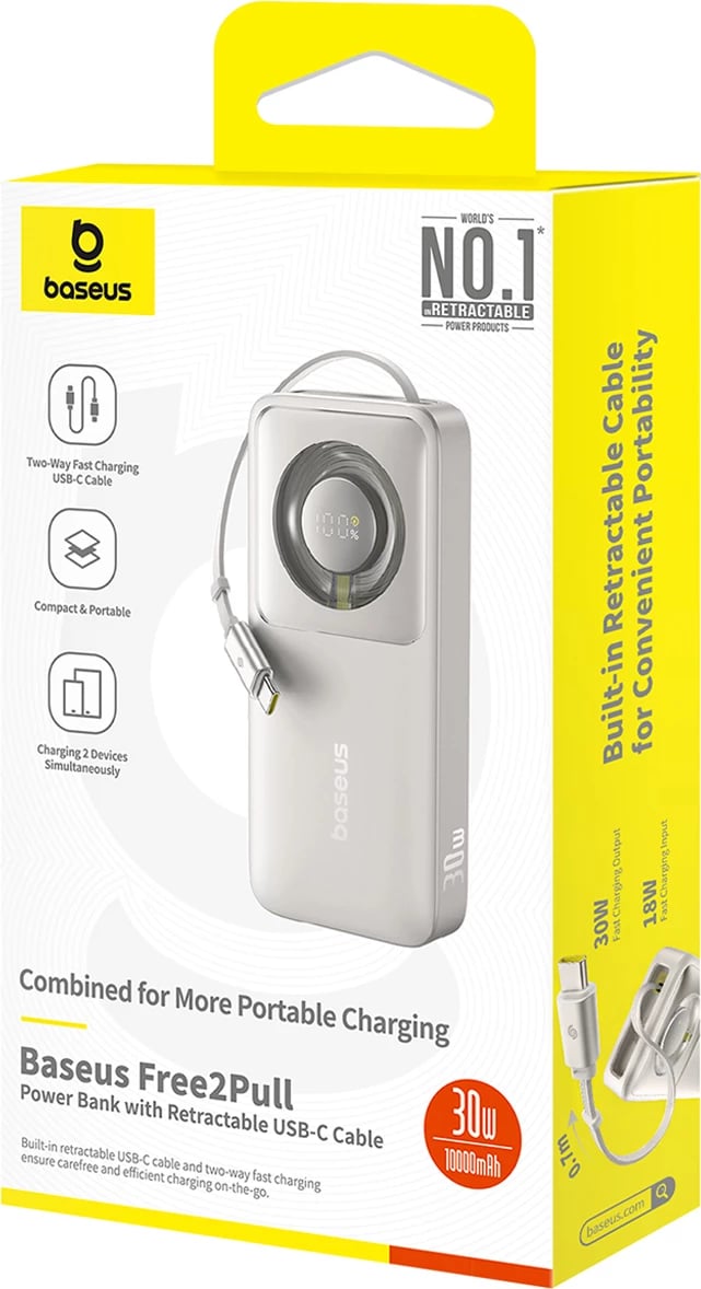 Powerbank Baseus Free2Pull 10000mAh, 30W, USB-C, me kabllo tërheqëse, Gri