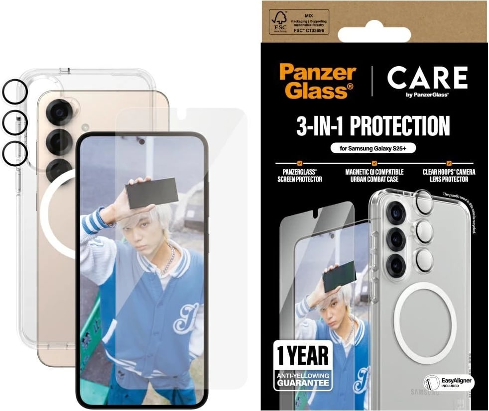 Mbështjellës PanzerGlass CARE Flagship 3in1 me xham mbrojtës dhe mbrojtëse lente për Samsung Galaxy S25+, Transparent