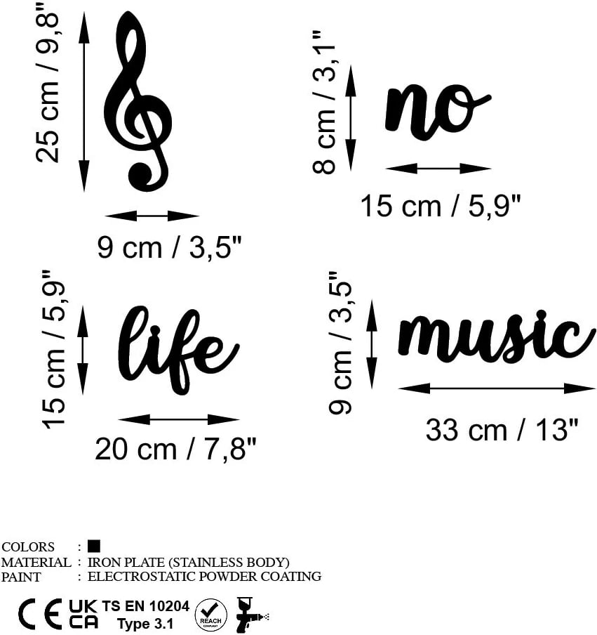 Aksesor dekorativ metalik për mur, Wallity, No Music No Life, ngjyrë e zezë, set me disa pjesë
