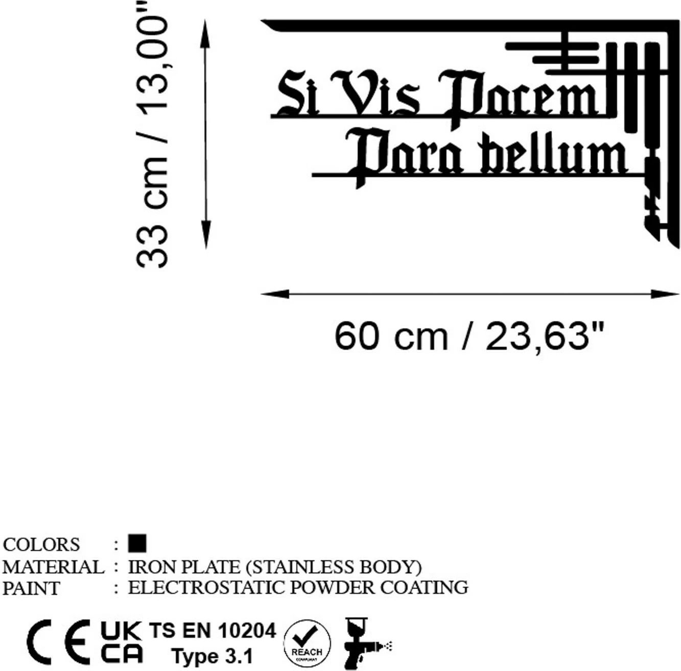 Aksesor dekorativ metalik për mur, Wallity, Si Vis Pacem 1, ngjyrë e zezë, 60x33cm