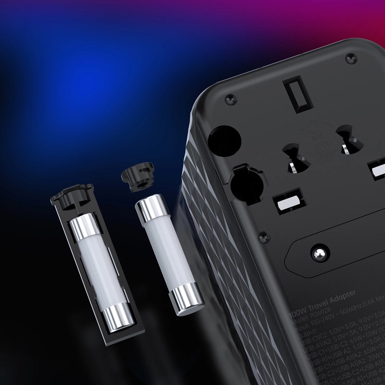 Adapter udhëtimi Choetech PD6028, 4 porta USB (2x USB-C, 2x USB-A), 100W, i zi