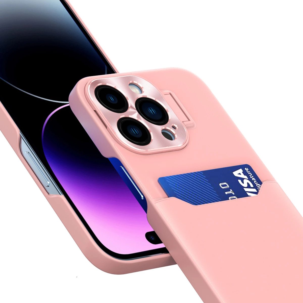 Mbështjellës Hurtel Leather Stand Case për iPhone 14, me xhep për kartela dhe mbajtëse, Rozë
