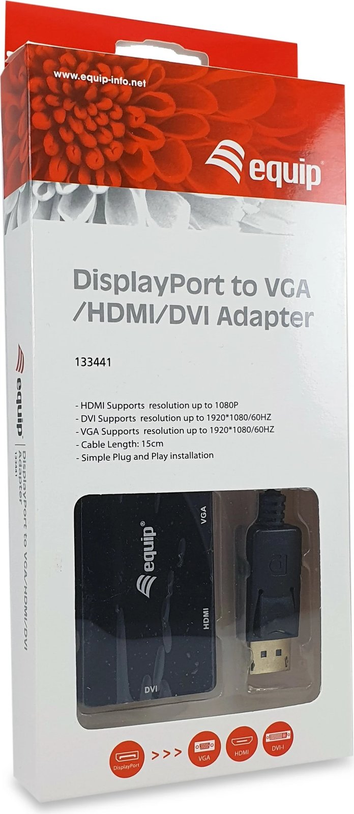 Adapter DisplayPort në HDMI/DVI/VGA Equip 133441, 0.24m, i zi