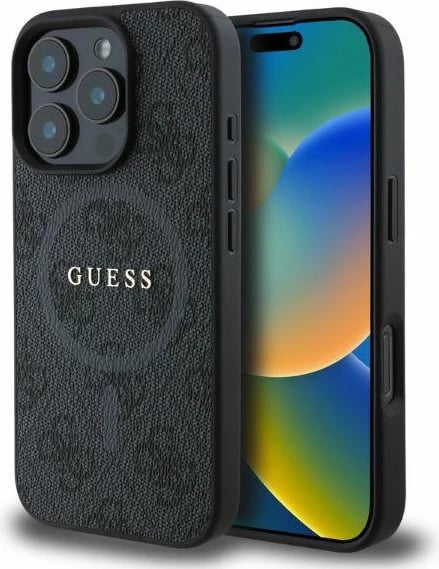 Mbështjellës, Guess, 4G Ring Classic Logo MagSafe, për iPhone 16 Pro 6.3", TPU/PC lëkurë eko, me MagSafe, i zi