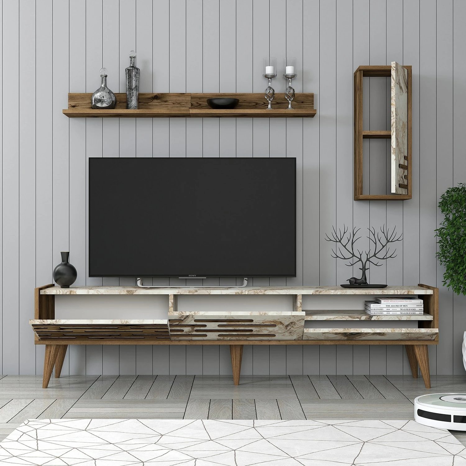 Njësi TV, ngjyrë arre, e bardhë, mermer, Valensiya, Skye Decor