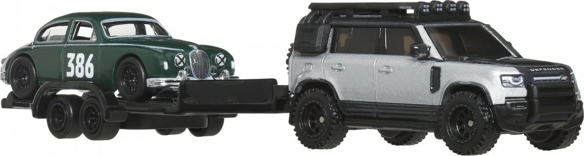 Set vetura Hot Wheels Jaguar MK1 & 2023 Land Rover Defender 110, 1:64, i zi/gjelbër/bardhë