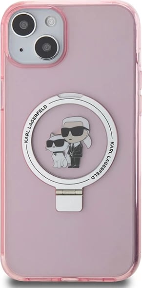 Mbështjellës Karl Lagerfeld KLHMP15SHMRSKCP për iPhone 15 6.1", me ring stand, MagSafe, rozë