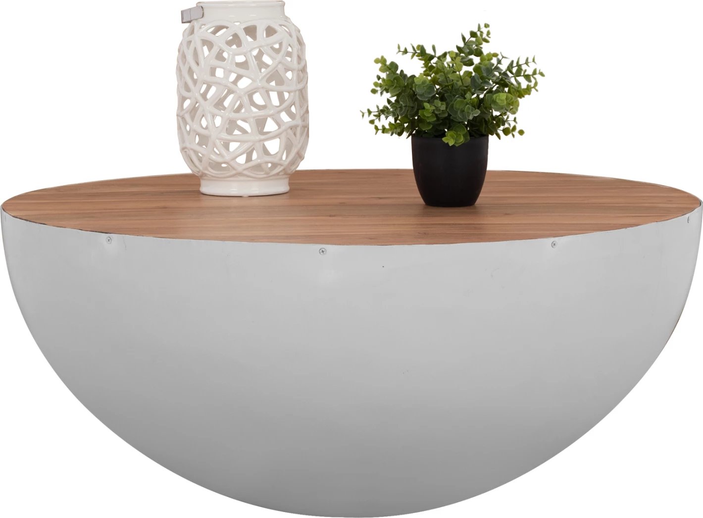 Tavolinë dekorative për kafe, formë gjysmë-sferike, ngjyrë e bardhë dhe dru akacie, FH8717.03, 90cm