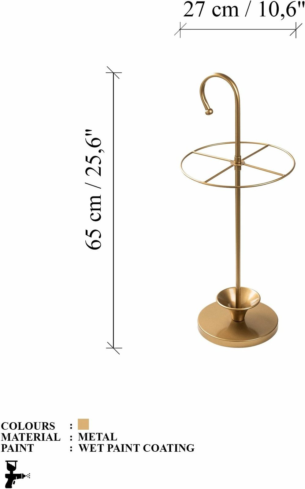 Stendë për ombrella, metalike, ngjyrë ari, Evila Originals, 27x27x65cm