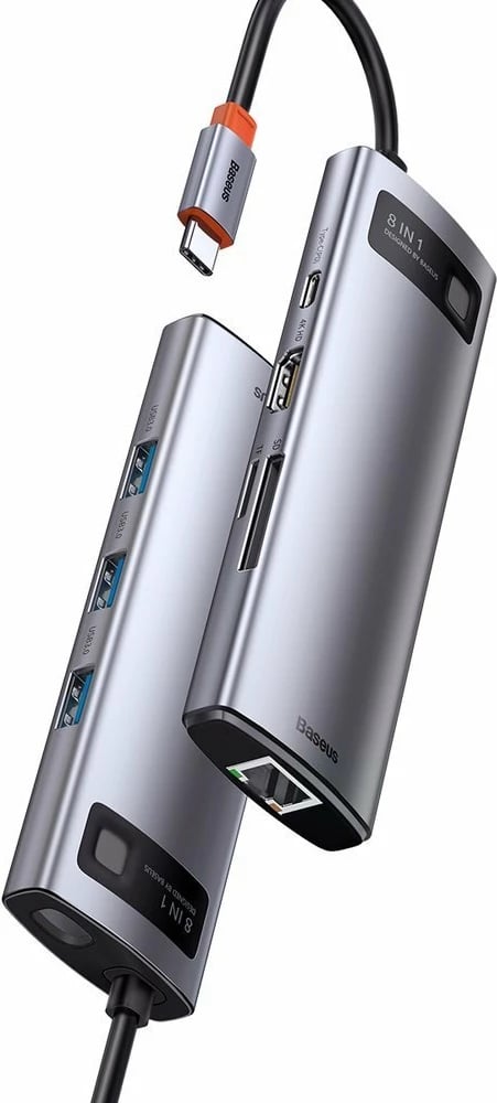 HUB Baseus Metal Gleam 8in1, USB-C, HDMI 4K, RJ45, 100W PD, Gri