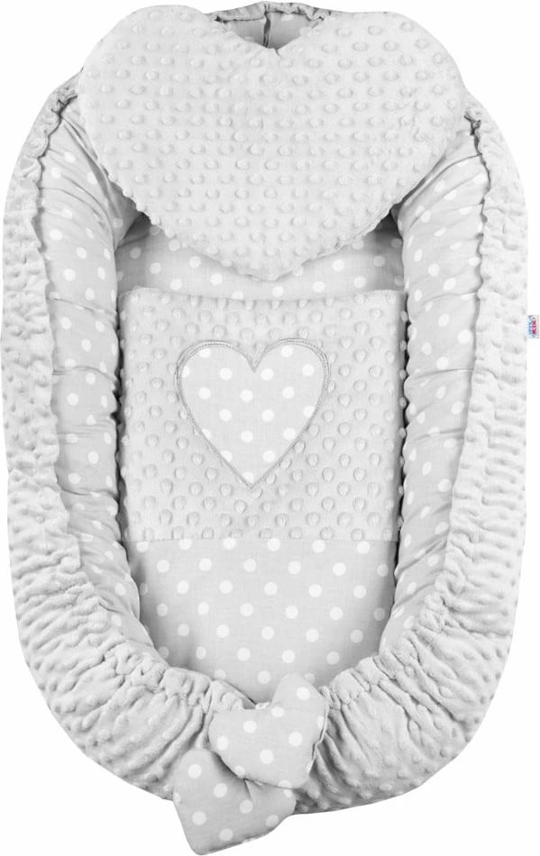 fole bebe luksoze, NEW BABY, Heart, minky i kthyeshëm me rregullim me kordelë, 55x75 cm, gri, set me jastëk dhe batanije