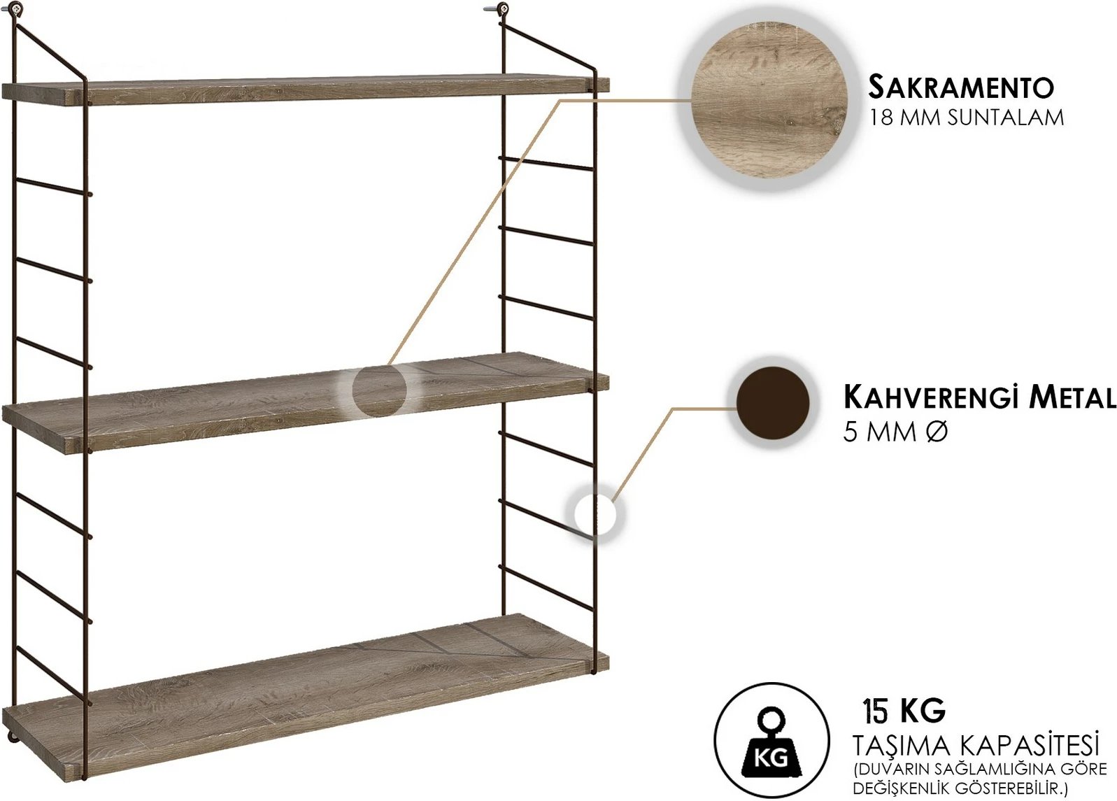 Raft muri Hanah Home, Armoni 3'lu, ngjyrë kafe, Sacramento