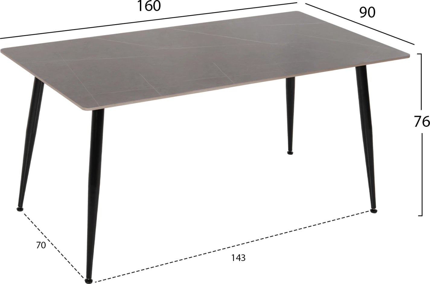 Tavolinë ngrënieje TOM, FH8588.01, sipërfaqe guri të sinteruar, pamje mermeri gri, këmbë metali të zeza, 160x90x76 cm