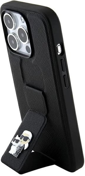Mbështjellës Karl Lagerfeld Gripstand Saffiano Karl&Choupette Pins për iPhone 13 Pro/13, i zi