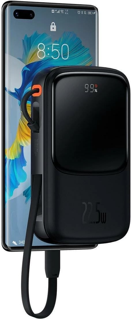 Powerbank Baseus Qpow Digital Display 10000mAh, 22.5W, me kabllo USB-C të integruar, e zezë