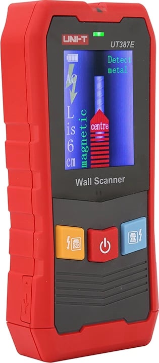 Skaner muri / detektor materiali, UNI-T UT387E, ekran 2.4", zbulim metal/druri/tela me rrymë deri 100 mm, bateri Li-ion me USB, e kuqe-gri