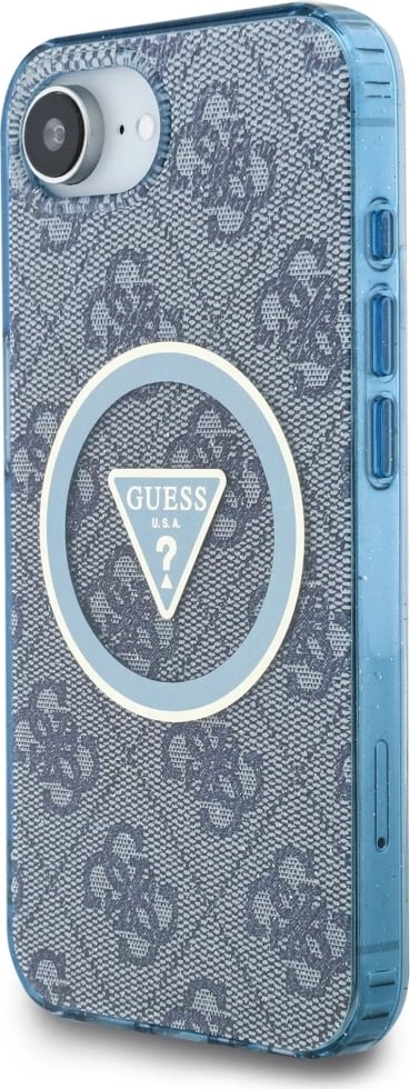 Mbështjellës Guess IML Metal Glitter 4G Circle Triangle MagSafe për iPhone 16e, Blu Mbështjellës Guess IML Metal Glitter 4G Circle Triangle MagSafe për iPhone 16e, Blu