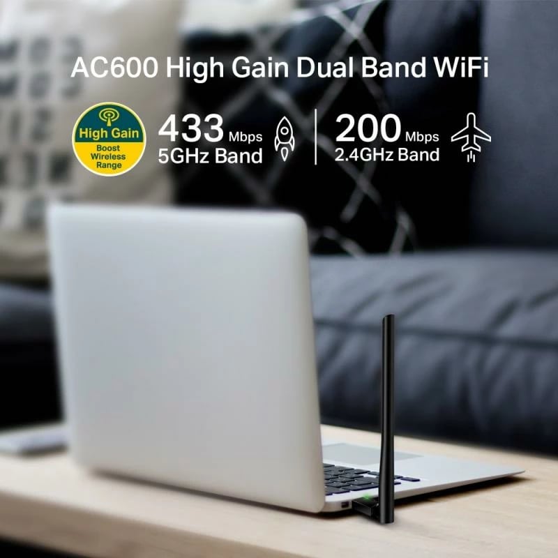 Adapter Wi‑Fi USB, TP-Link, Archer T2U Plus, AC600 me antenë 5dBi, i zi