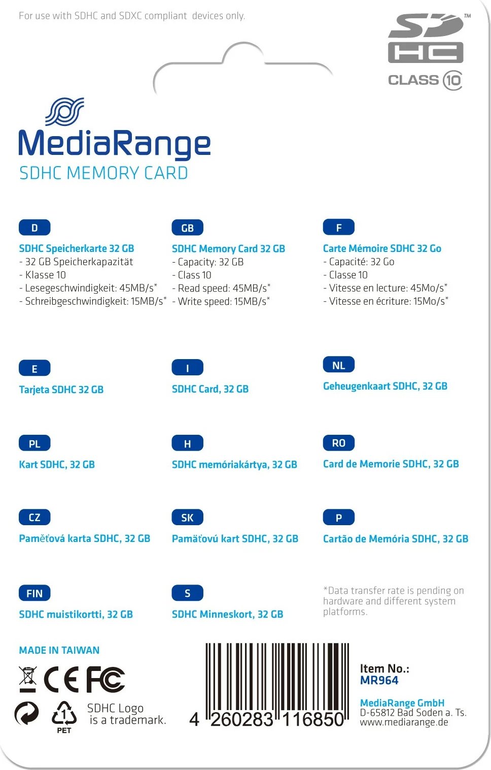 Kartelë memorie SDHC MediaRange MR964, 32GB, Class 10, 45MB/s, blu