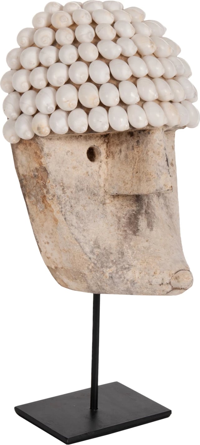 Dekor tavoline, fytyrë prej druri dhe guaskash, në qëndrim metalik të zi, FH4314, 16x11x32H cm