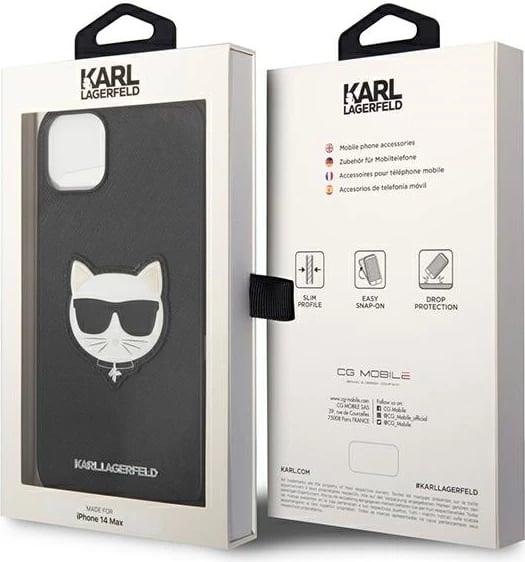 Mbështjellës Karl Lagerfeld KLHCP14MSAPCHK për iPhone 14 Plus 6.7", Saffiano Choupette Head Patch, i zi