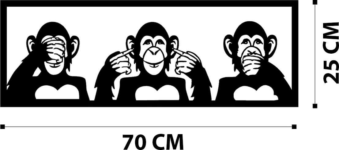 Aksesor dekorativ metalik për mur, tre majmunë, Wallity, i zi, 70x25cm