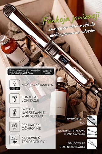 Drejtues flokësh, Adler, CR 2320, ionizim, 6 temperatura 130-230°C, pllaka titani 28x110mm, ekran LCD, bllokim krahësh, fikje automatike, me dorashkë