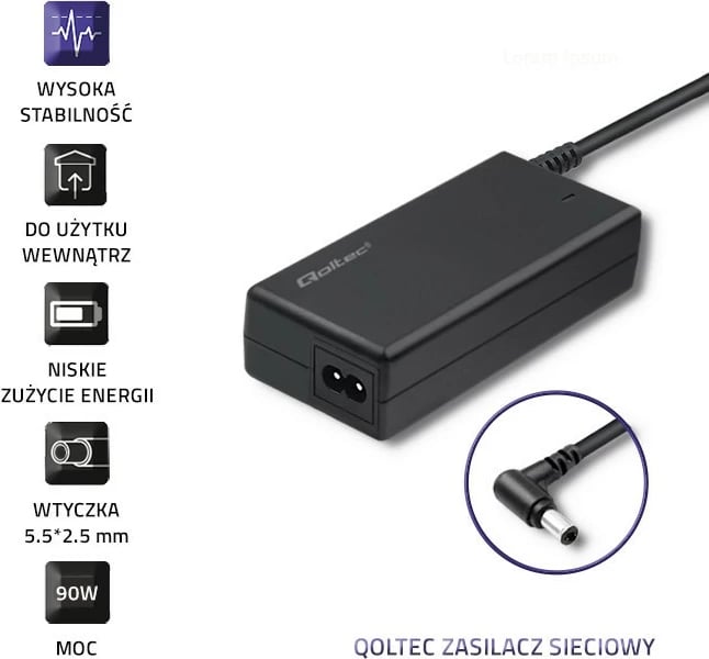 Furnizues energjie për laptop Qoltec 50099.90W, për Lenovo, 20V, 4.74A, 90W, 5.5x2.5 mm, Zi