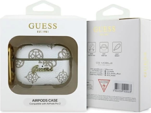 Mbështjellës Guess GUAP2PG4GPH për AirPods Pro 2, i bardhë, me karabinë