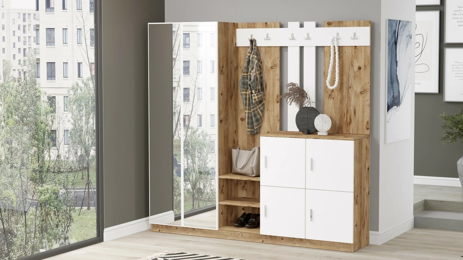 Stendë korridori Hanah Home, Dd9-Aw, ngjyrë pishë Atlantike dhe e bardhë, 187.2x180x37.5cm