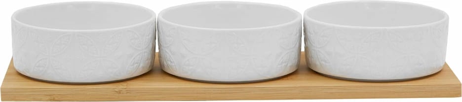 Set me 3 tasa Fleurs, porcelan i bardhë, bambu natyral, 29x10x5cm