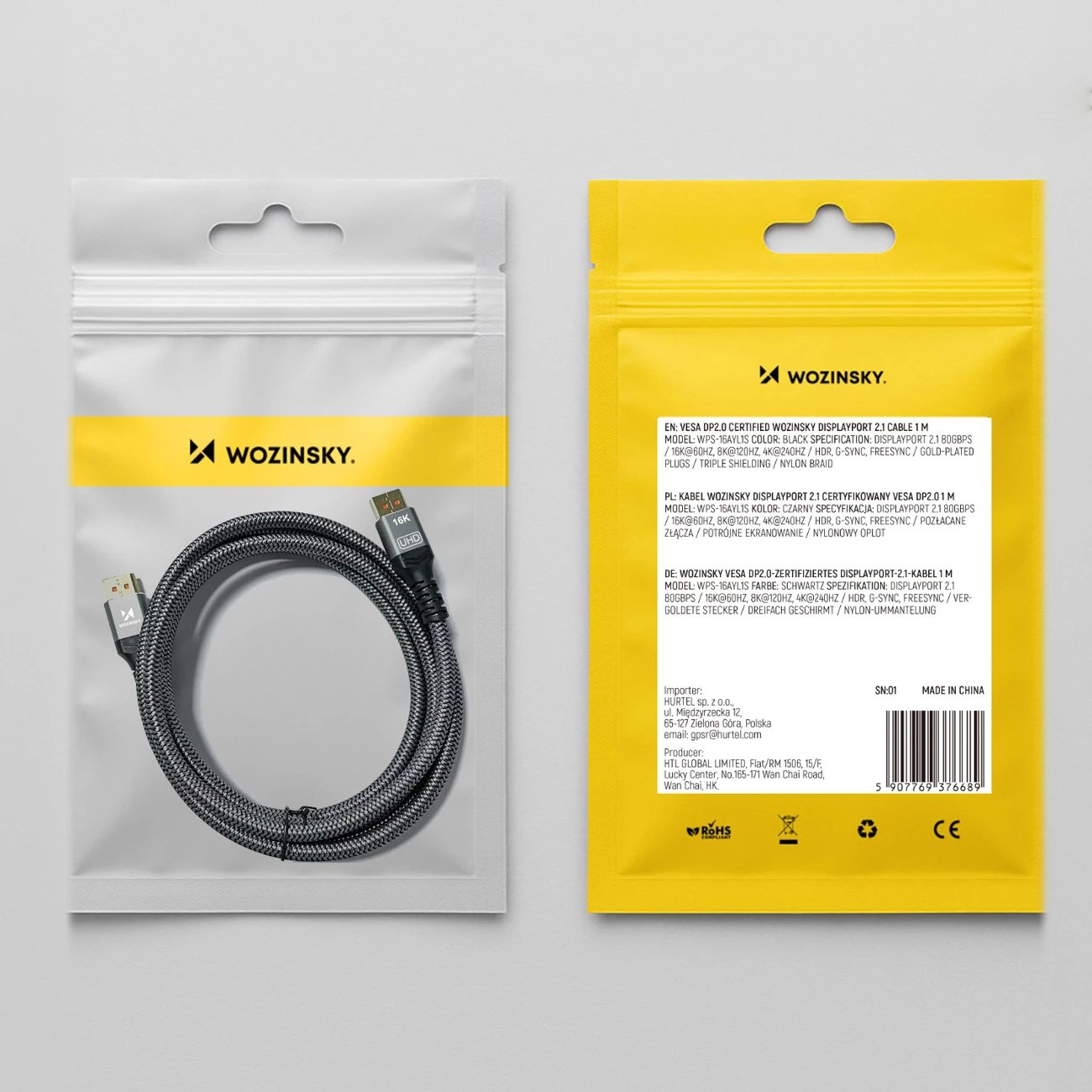 Kabllo DisplayPort, Wozinsky, WPS-16AYL3S, DP 2.1 VESA i certifikuar 80 Gb/s 16K 8K 4K, 3 m, e zezë