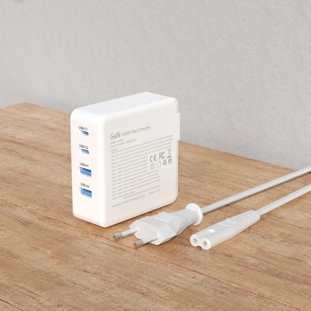 Karikues muri Dudao A100EU GaN, 100W, 2x USB-C, 2x USB-A, Bardhë