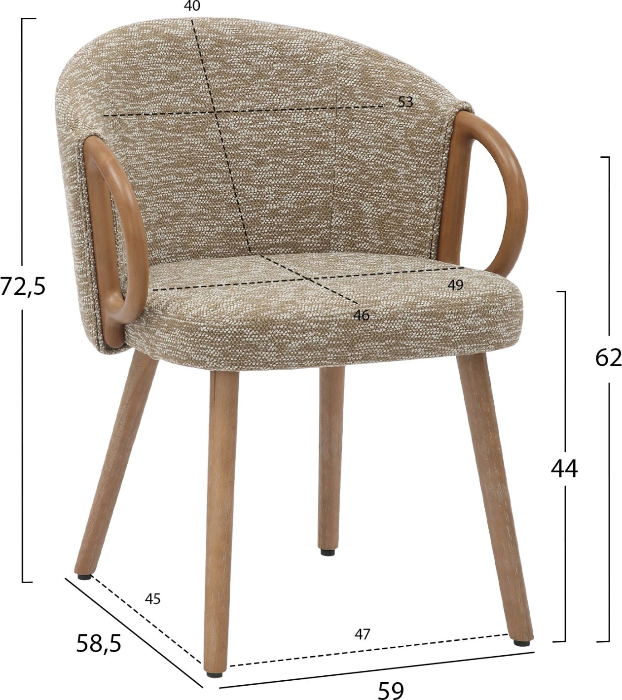 Karrige për ngrënie RIG FH9979.01, këmbë druri ahu, ngjyrë e bardhë e larë-bezhë, 59x58.5x72.5 cm