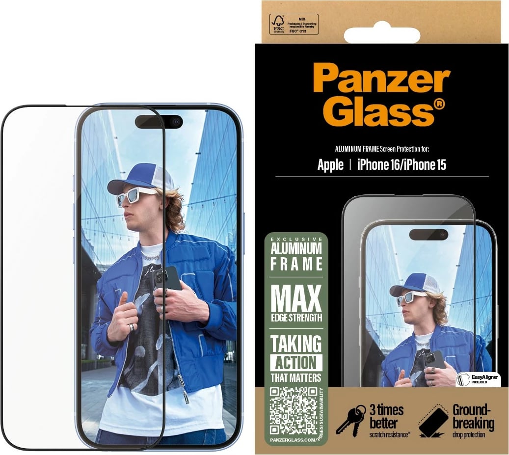 Mbrojtëse ekrani PanzerGlass për iPhone 16/15, kornizë alumini, 6.1 inch