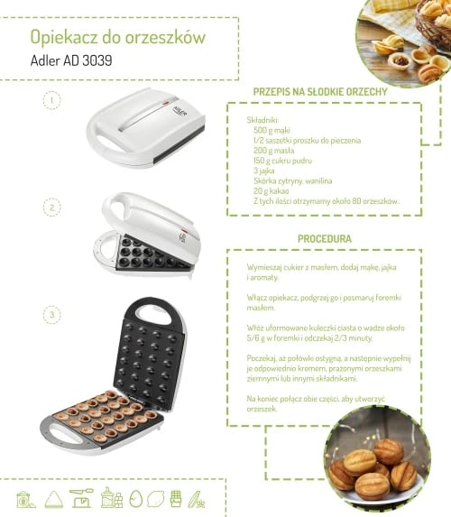 Aparat për biskota arra XL, Adler AD 3039, 24 gjysmë-arra, 1600W, pllaka jo-ngjitëse, e bardhë