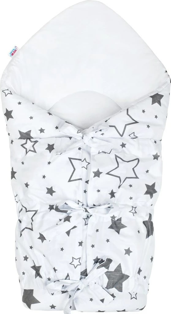 Mbështjellëse foshnje me lidhëse, New Baby, klasike, 70x70 cm, mbulesë 100% pambuk, mbushje anti-alergjike, e bardhë me yje gri