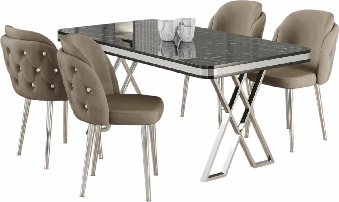 Tavolinë me karrige, 5 copë, Skye Decor, Rigel, mermer i zi, krom, kapuçino