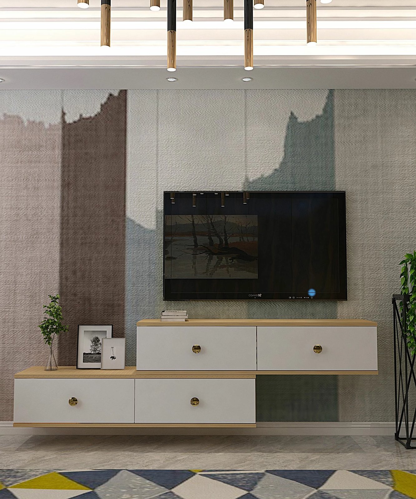 Komodë për TV Skye Decor, Zuzu Double, ngjyrë lis safir dhe e bardhë