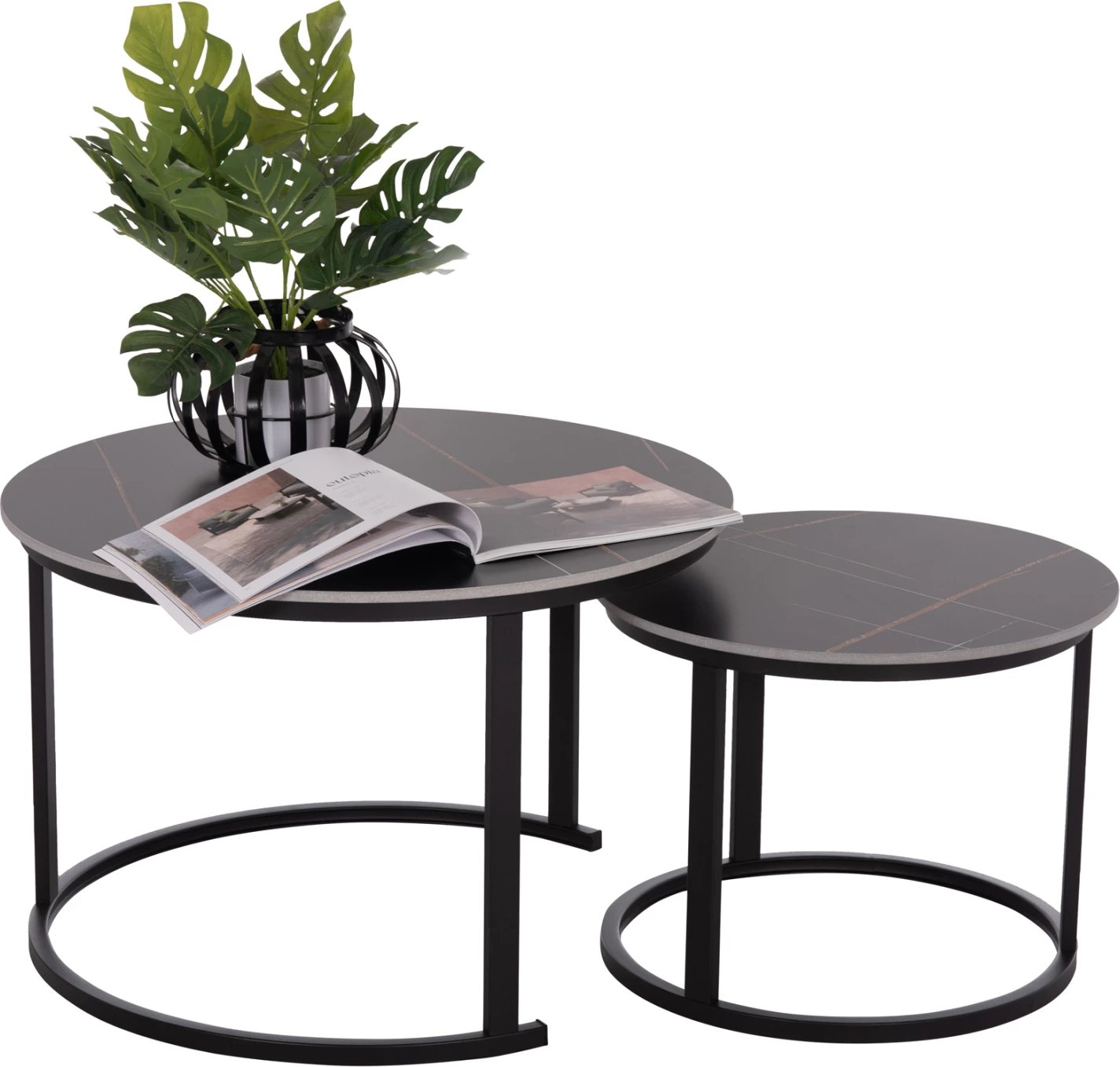 Set tavolina kafeje 2 copë, sipërfaqe qeramike, pamje mermeri të zi, TALOS FH18140.02, Φ70x45.5cm