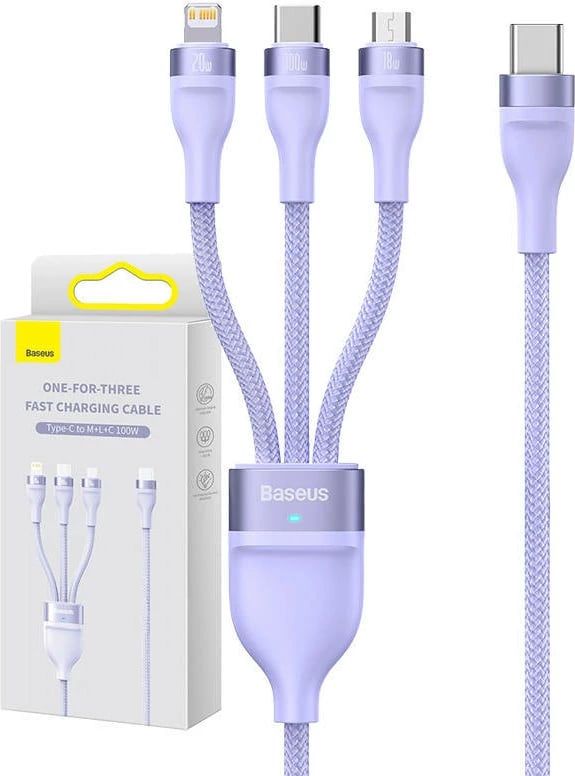 Kabllo 3-në-1 Baseus Flash Series 2, 1.5m, 100W, USB-C + micro USB + Lightning, vjollcë Kabllo 3-në-1 Baseus Flash Series 2, 1.5m, 100W, USB-C + micro USB + Lightning, vjollcë