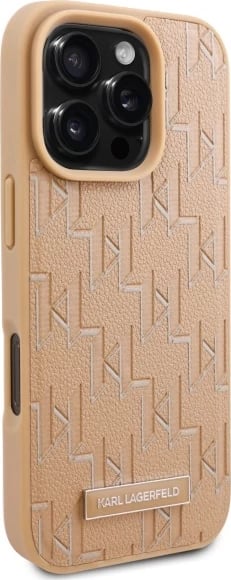 Mbështjellës Karl Lagerfeld për iPhone 16 Pro, lëkurë, MagSafe, Bezhë