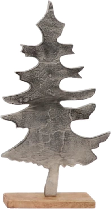 Dekor pemë Krishtlindjesh, alumin argjendi, dru mango natyral, 25x6x42cm