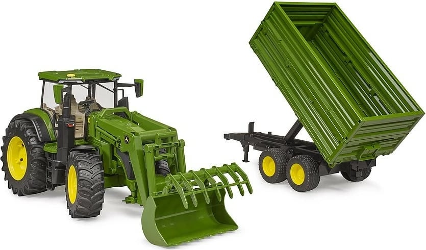Traktor lodër BRUDER John Deere 7R 350 me ngarkues dhe rimorkio, jeshil